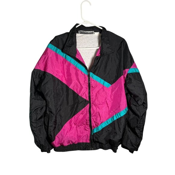 Vintage Longstreet Tall Black Pink & Teal Nylon Windbreaker Jacket L - Picture 1 of 5